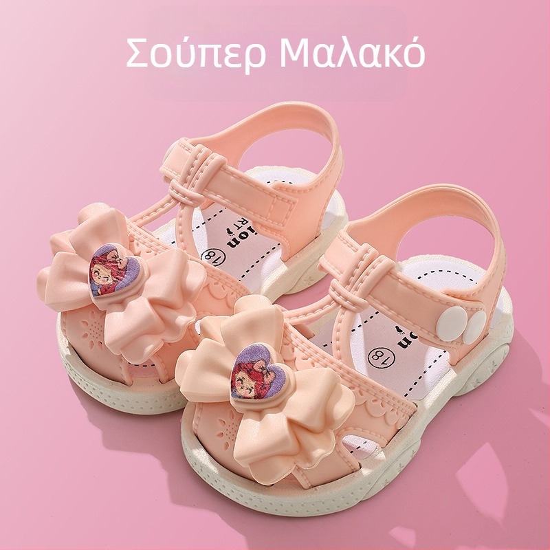 Παιδικά σανδάλια για αγόρια και κορίτσια με σχέδιο καρτούν λουλούδι και φιόγκο, μαλακή σόλα, αντιολισθητικά PVC για παιδιά 1–4 ετών.