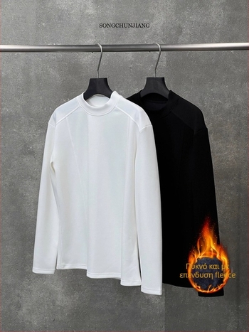 Άσπρο ανδρικό μακρυμάνικο T‑shirt με χρωματικό μπλοκ, επένδυση φλίς, ημιυψηλή λαιμόκοψη, καθαρή εφαρμογή