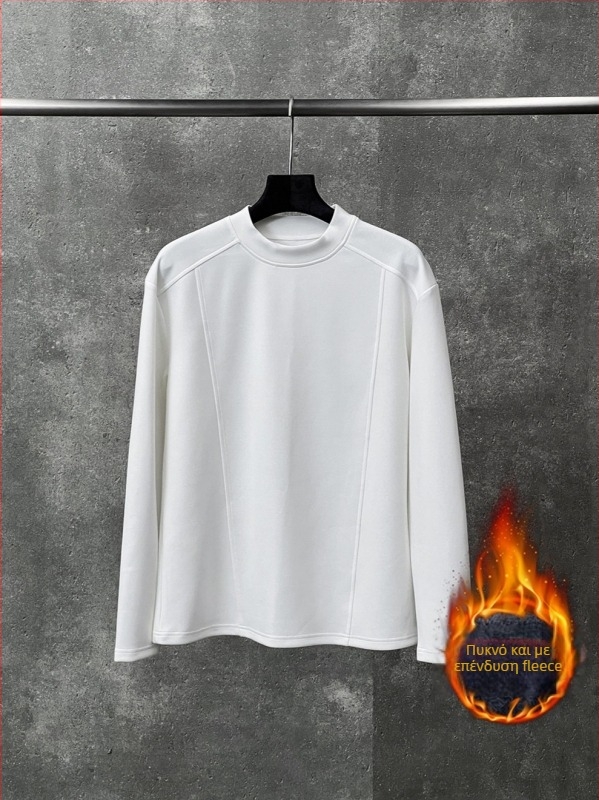 Άσπρο ανδρικό μακρυμάνικο T‑shirt με χρωματικό μπλοκ, επένδυση φλίς, ημιυψηλή λαιμόκοψη, καθαρή εφαρμογή