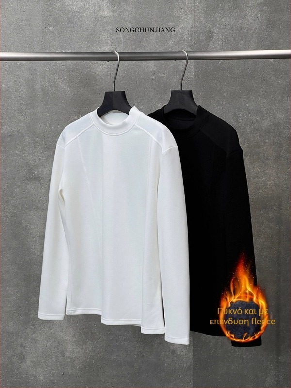 Άσπρο ανδρικό μακρυμάνικο T‑shirt με χρωματικό μπλοκ, επένδυση φλίς, ημιυψηλή λαιμόκοψη, καθαρή εφαρμογή