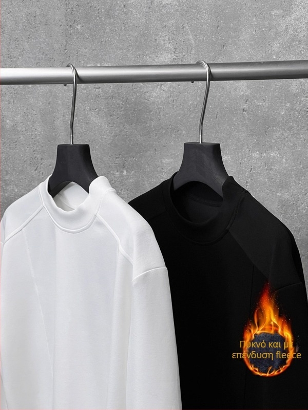Άσπρο ανδρικό μακρυμάνικο T‑shirt με χρωματικό μπλοκ, επένδυση φλίς, ημιυψηλή λαιμόκοψη, καθαρή εφαρμογή