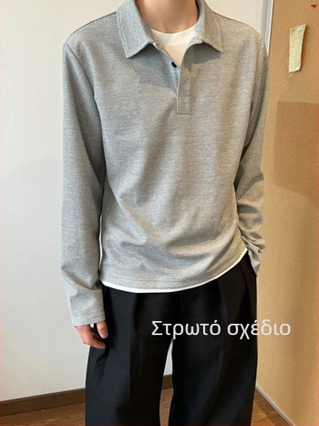 Ανδρικό μακρυμάνικο T-shirt με γιακά Henley, γκρι φλοράλ waffle ύφανση, φθινοπωρινό στυλ πόλο