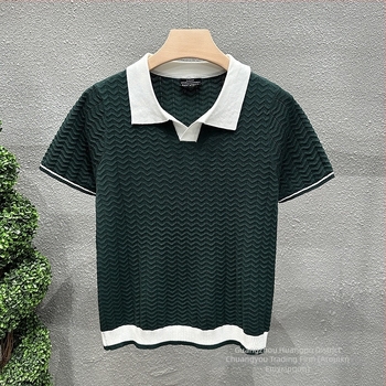 Ανδρικό πόλο με Turn-Down γιακά από Ice Silk, color-block πλεκτό, Slim-Fit κοντομάνικο, Μαύρο