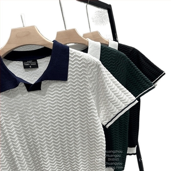Ανδρικό πόλο με Turn-Down γιακά από Ice Silk, color-block πλεκτό, Slim-Fit κοντομάνικο, Μαύρο