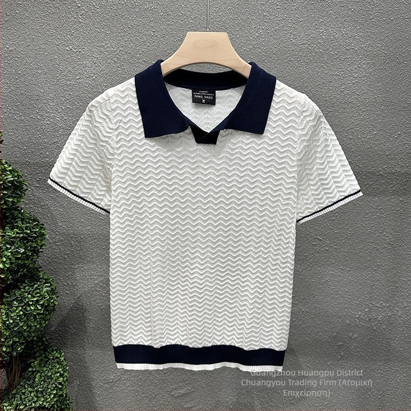 Ανδρικό πόλο με Turn-Down γιακά από Ice Silk, color-block πλεκτό, Slim-Fit κοντομάνικο, Μαύρο