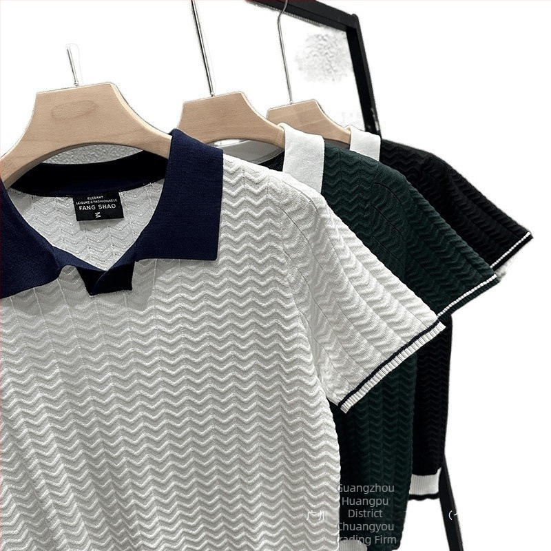 Ανδρικό πόλο με Turn-Down γιακά από Ice Silk, color-block πλεκτό, Slim-Fit κοντομάνικο, Μαύρο