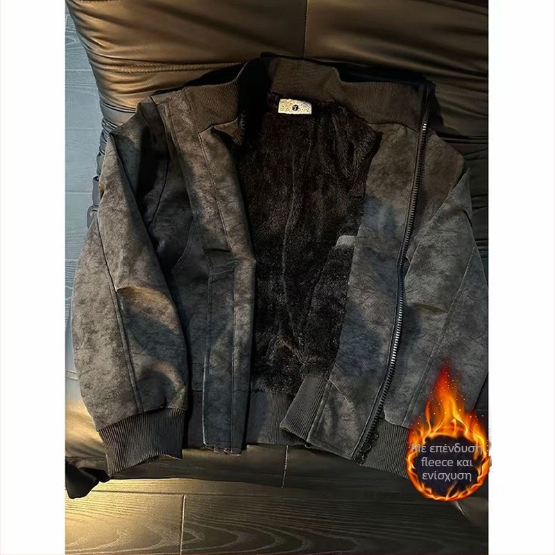 Αμερικάνικου στυλ PU δερμάτινο τζάκετ με tie-dye για άνδρες, fleece επένδυση για τον χειμώνα, μπουφάν μοτοσικλέτας με στάσιμος γιακά