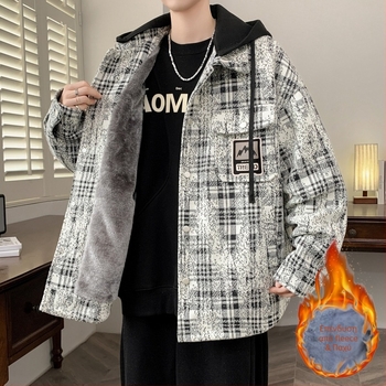 Ανδρικό μπουφάν με επένδυση φλις, χαλαρή γραμμή, χοντρό, εμπνευσμένο από Chanel καρό με κουκούλα, για τον χειμώνα του 2025