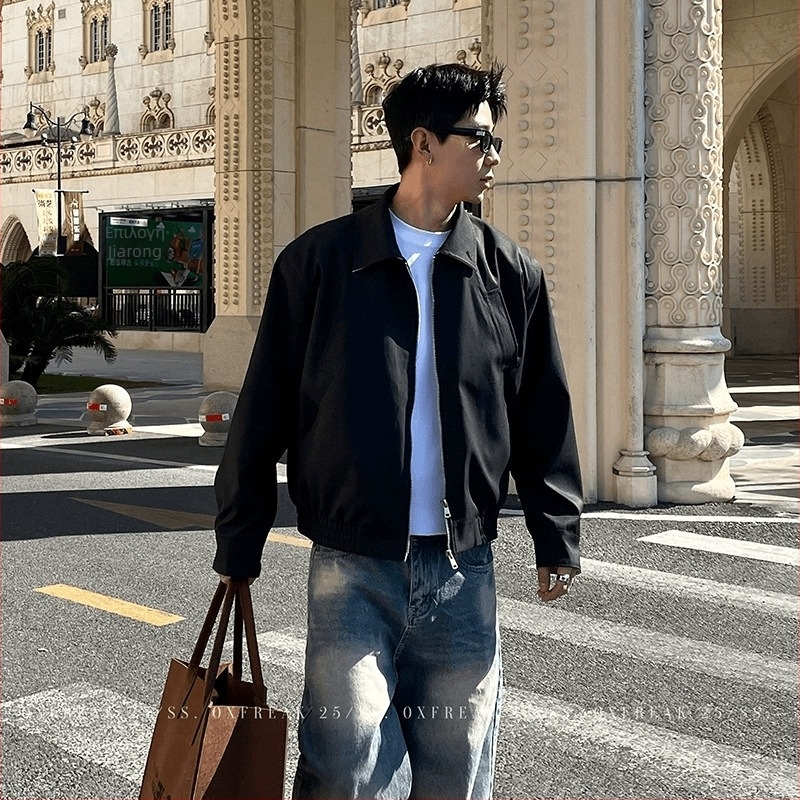 Ανδρικό Harrington με πέτο, αμερικανικού στυλ για φθινόπωρο, καθαρή γραμμή, έμπνευση από το Ντιτρόιτ, μπουφάν εργασίας τύπου πτήσης