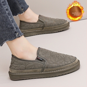 Γυναικείοι χειμωνιάτικοι slip-on loafers με επένδυση από ζεστή γούνα, χαμηλό τακούνι, στρογγυλή μύτη