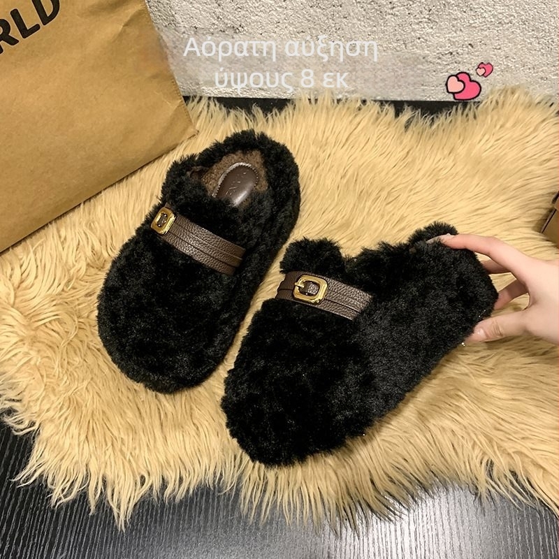 Γυναικείες slip-on παντόφλες με σουέντ επάνω, φαρδιά σόλα, εσωτερική αύξηση ύψους, φθινοπωρινή–χειμωνιάτικη, μικρό μέγεθος, βαμβακερή επένδυση