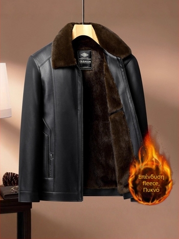 Ανδρικό PU δερμάτινο μπουφάν με fleece επένδυση, με γιακά τύπου πέτο, ζεστό για φθινόπωρο-χειμώνα 2025, επιχειρηματικό casual