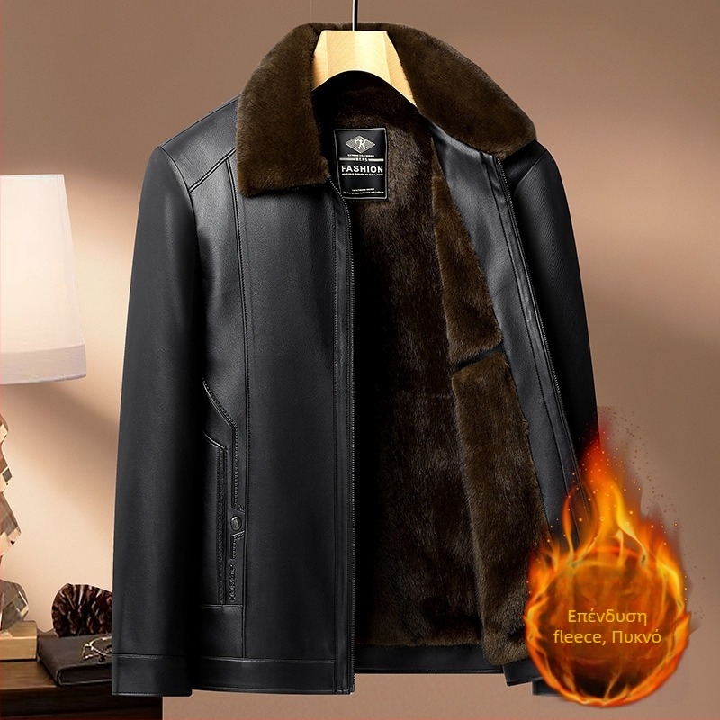 Ανδρικό PU δερμάτινο μπουφάν με fleece επένδυση, με γιακά τύπου πέτο, ζεστό για φθινόπωρο-χειμώνα 2025, επιχειρηματικό casual