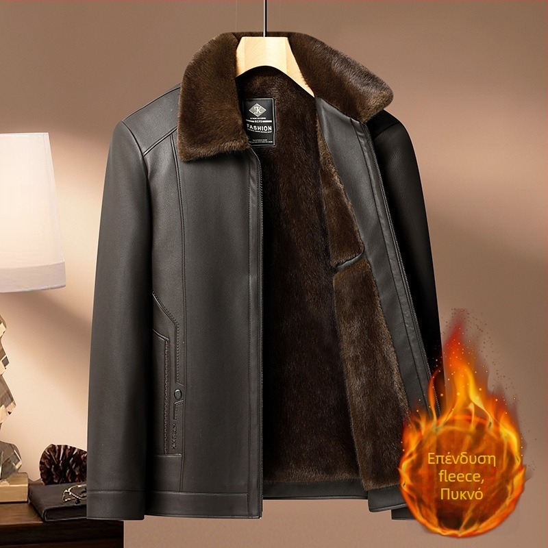 Ανδρικό PU δερμάτινο μπουφάν με fleece επένδυση, με γιακά τύπου πέτο, ζεστό για φθινόπωρο-χειμώνα 2025, επιχειρηματικό casual