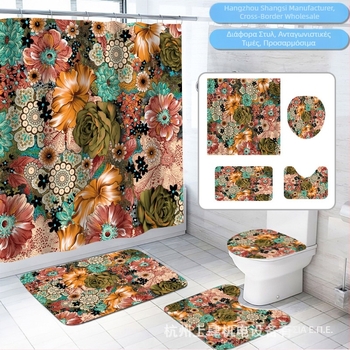 Boho floral κουρτίνα ντους σετ με ντουζάκι σκηνή, διαχωριστικό ντους, κουρτίνα ντους, χαλάκι μπάνιου και χαλάκι τουαλέτας