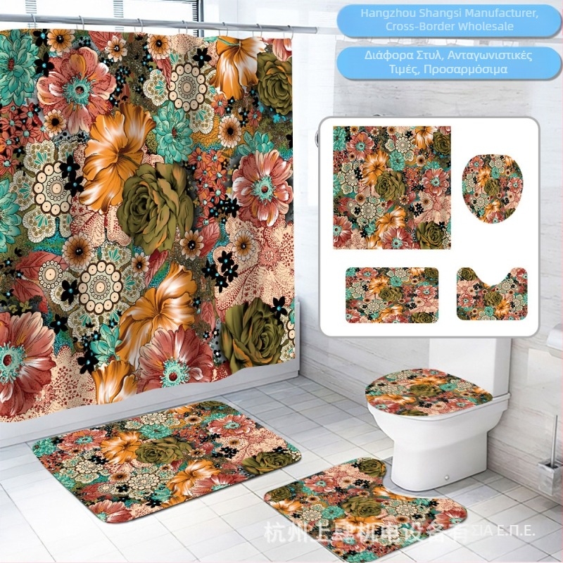 Boho floral κουρτίνα ντους σετ με ντουζάκι σκηνή, διαχωριστικό ντους, κουρτίνα ντους, χαλάκι μπάνιου και χαλάκι τουαλέτας