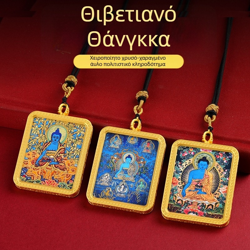 Κολιέ Θάνκα σε Θιβετιανό στυλ με τον Βούδα της Ιατρικής, ημι-χρωματισμένο με χρυσές λεπτομέρειες