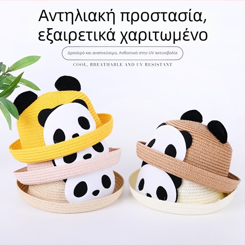 Παιδικό καπέλο από ψάθα για καλοκαίρι, Panda καρτούν εκτύπωση, προστασία από τον ήλιο για εξωτερικές δραστηριότητες