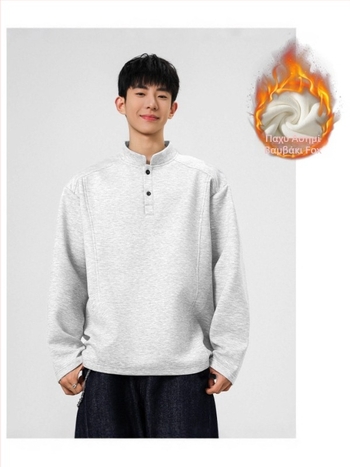 Ανδρικό Henley με βαριά ύφανση, μακριά μανίκια, fleece επένδυση, patchwork σε αποσπασματικό σχέδιο για φθινόπωρο-χειμώνα