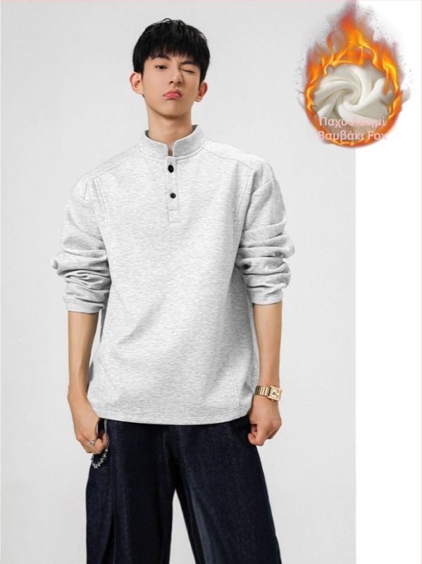 Ανδρικό Henley με βαριά ύφανση, μακριά μανίκια, fleece επένδυση, patchwork σε αποσπασματικό σχέδιο για φθινόπωρο-χειμώνα
