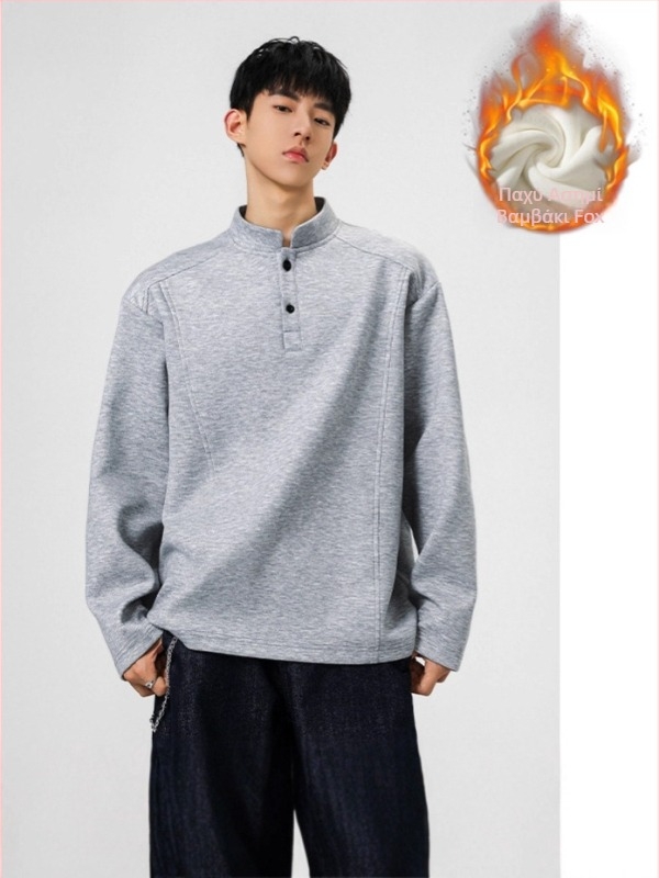 Ανδρικό Henley με βαριά ύφανση, μακριά μανίκια, fleece επένδυση, patchwork σε αποσπασματικό σχέδιο για φθινόπωρο-χειμώνα