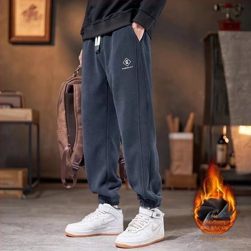 Ανδρικά παντελόνια Corduroy με επένδυση φλίς για φθινοπωρινή-χειμερινή περίοδο, άνετη γραμμή, με κορδόνι στη μέση