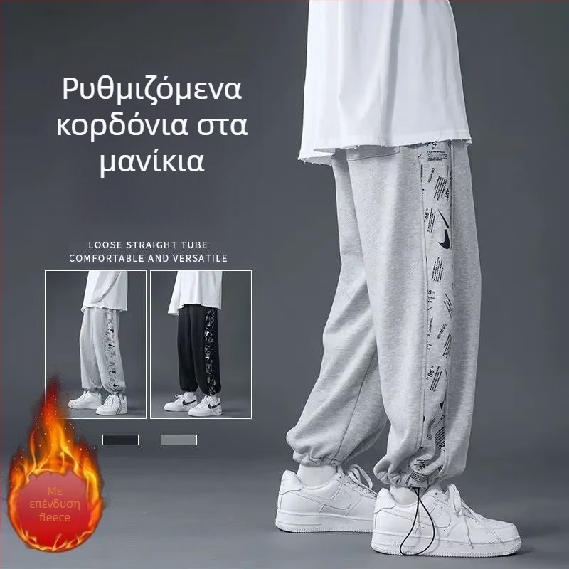 Ανδρικά φλις-φόρεμα παντελόνια με fleece εσωτερική επένδυση, ίσια γραμμή, με κορδόνι στη μέση, φθινοπωρινό streetwear, κορεατικής έμπνευσης