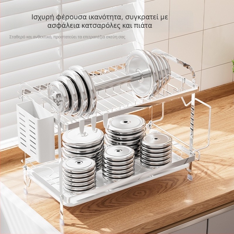 Σιδερένιο ράφι για πιάτα με αποστράγγιση σε πάγκο κουζίνας — αποθήκευση μπολ, πιάτων, σανίδων κοπής και μαχαιροπίρουνων