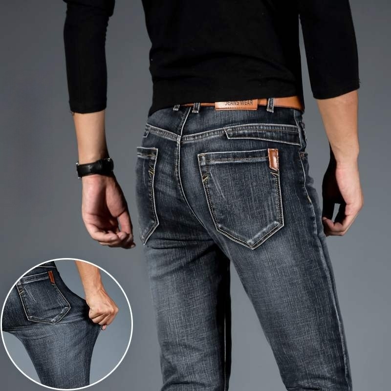 Ανδρικά τζιν από ελαστικό denim με επένδυση φλίς, ίσια γραμμή, στενή εφαρμογή, φθινοπωρινό-χειμερινό casual.