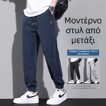 Plus-Size αθλητικά παντελόνια γρήγορου στεγνώματος για άνδρες, χαλαρή εφαρμογή, cropped, jogger στυλ, ice silk, λεπτό υλικό, άνοιξη-καλοκαίρι