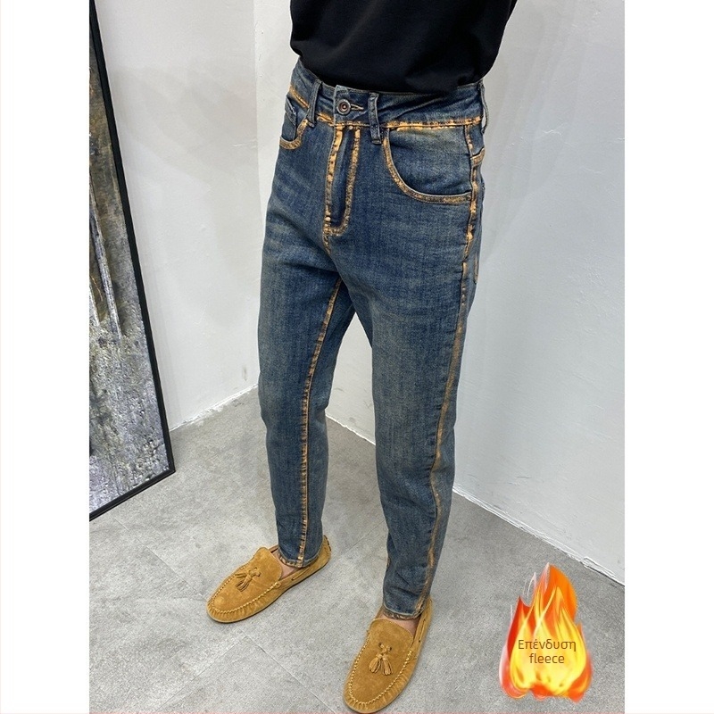 Ανδρικά τζιν φθινοπωρινά, street style, σε στενή γραμμή, vintage μπλε, ανθεκτικά και πλυμένα