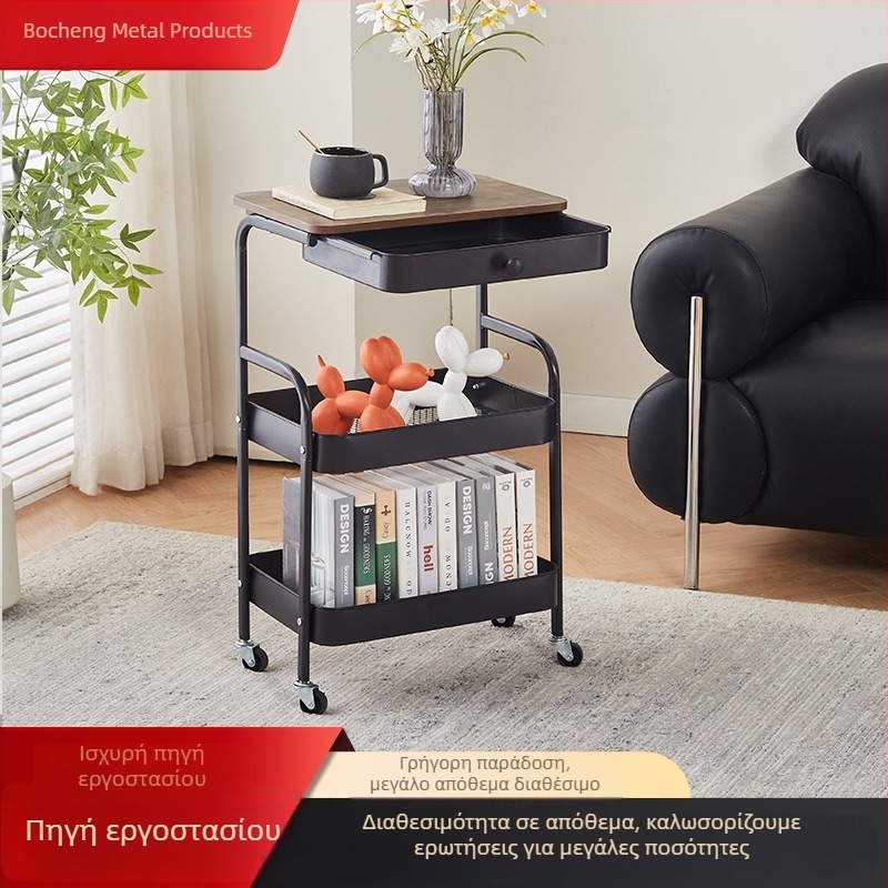 Μετακινούμενο τραπεζάκι δίπλα στο κρεβάτι με ράφι αποθήκευσης, δάπεδο-στάσιμο ράφι για σνακ και κουζίνας με επιφάνεια για μπαχαρικά