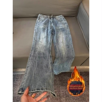 Μπλε τζιν με μοτίβο κεραυνός, ανδρικά, Clean-Fit, με επένδυση φλίς, ίσιο παντελόνι με ήπια καμπή στο κάτω μέρος