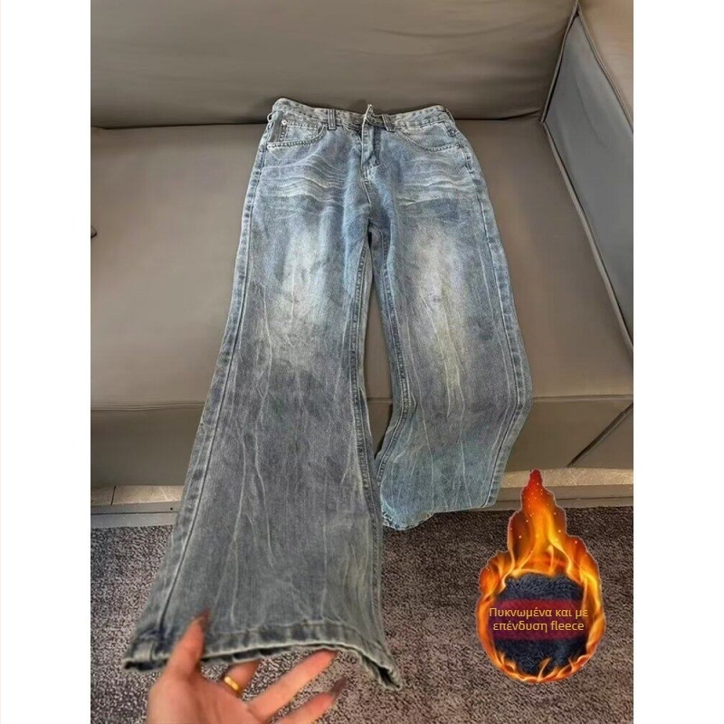 Μπλε τζιν με μοτίβο κεραυνός, ανδρικά, Clean-Fit, με επένδυση φλίς, ίσιο παντελόνι με ήπια καμπή στο κάτω μέρος