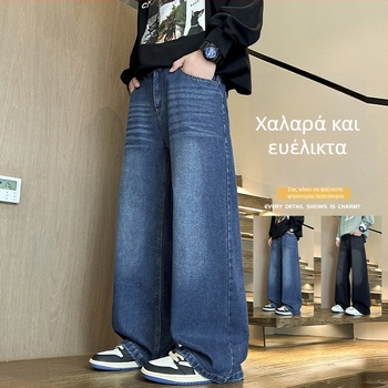 Ανδρικά μαύρα τζιν από βαμβάκι - Αμερικάνικου στυλ, ίσια γραμμή με φαρδύ πόδι, άνοιξη και φθινόπωρο
