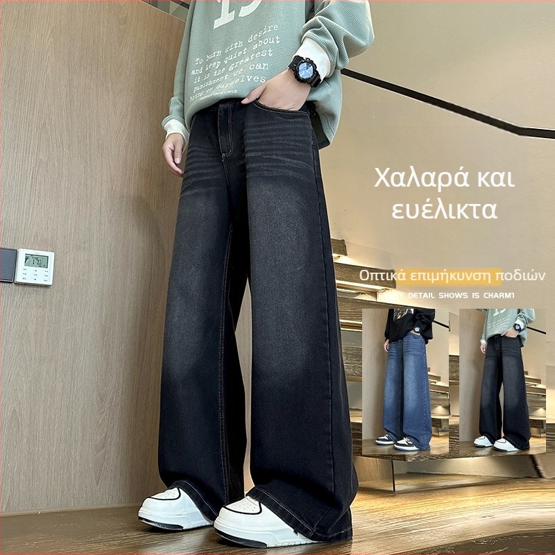 Ανδρικά μαύρα τζιν από βαμβάκι - Αμερικάνικου στυλ, ίσια γραμμή με φαρδύ πόδι, άνοιξη και φθινόπωρο