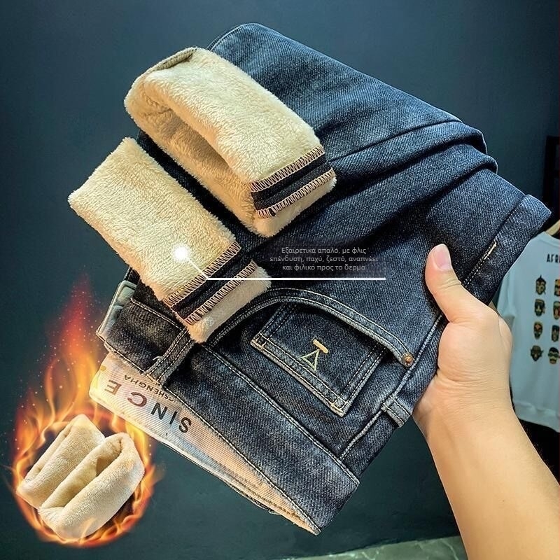 Ανδρικά τζιν με fleece επένδυση για τον χειμώνα, ίσια γραμμή, ελαφρώς χαλαρή εφαρμογή, καθημερινά παντελόνια