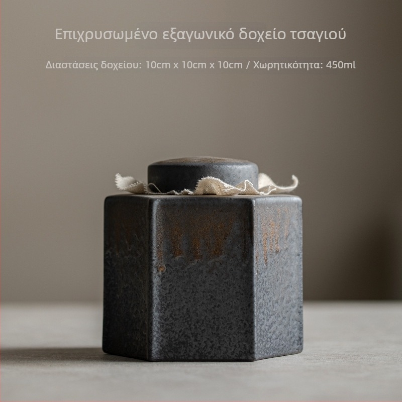 Εξάγωνικό κεραμικό δοχείο τσαγιού με γυαλισμένη οξειδωμένη γλάσα, χειροποίητο, καμίνι-ψημένο, για αποθήκευση Pu'er