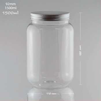 Διαφανές PET Mason βάζο με αλουμινένιο καπάκι, 1500 ml – συσκευασία θαλασσινού αλατιού, καραμέλες τύπου τοφί και δημητριακών