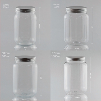 Διαφανές PET Mason βάζο με αλουμινένιο καπάκι, 1500 ml – συσκευασία θαλασσινού αλατιού, καραμέλες τύπου τοφί και δημητριακών