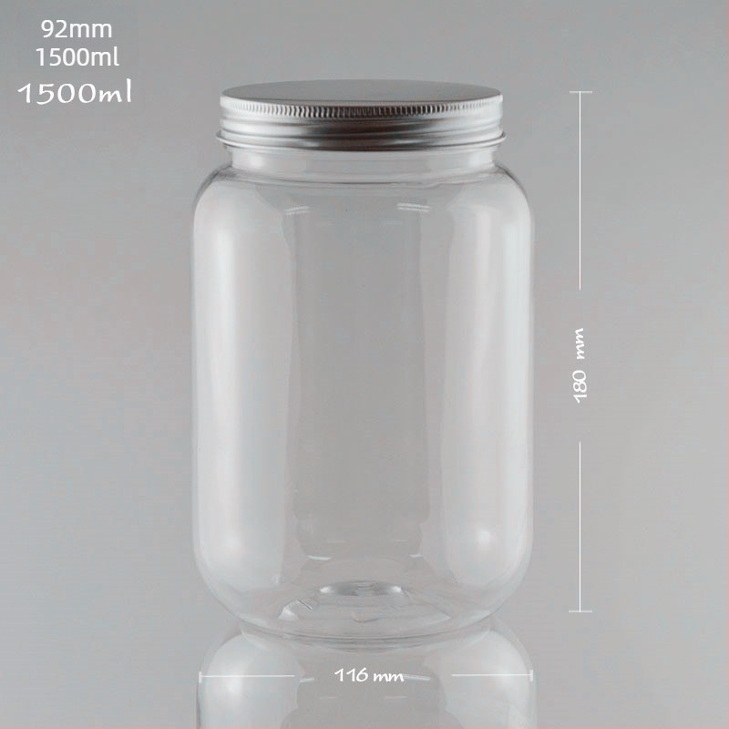 Διαφανές PET Mason βάζο με αλουμινένιο καπάκι, 1500 ml – συσκευασία θαλασσινού αλατιού, καραμέλες τύπου τοφί και δημητριακών
