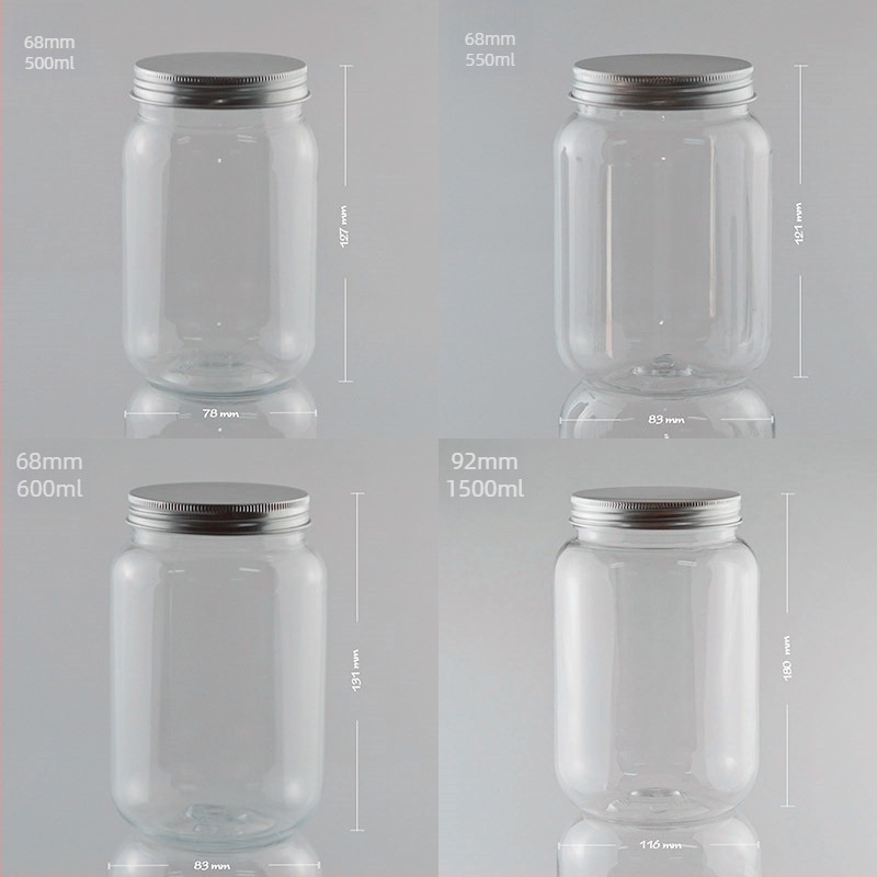 Διαφανές PET Mason βάζο με αλουμινένιο καπάκι, 1500 ml – συσκευασία θαλασσινού αλατιού, καραμέλες τύπου τοφί και δημητριακών