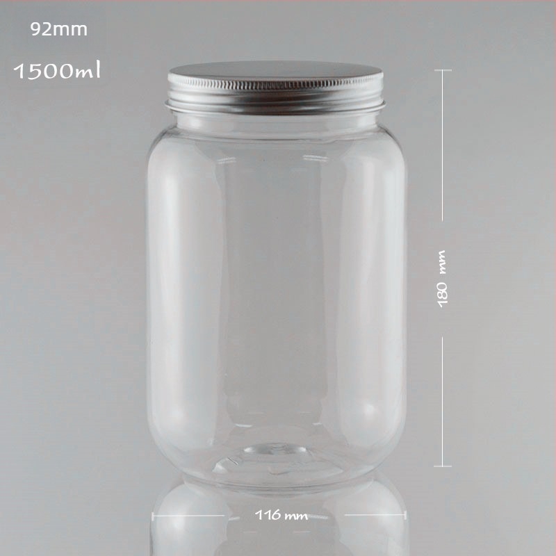 Διαφανές PET Mason βάζο με αλουμινένιο καπάκι, 1500 ml – συσκευασία θαλασσινού αλατιού, καραμέλες τύπου τοφί και δημητριακών