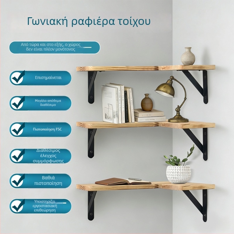 Ξύλινο ράφι τοίχου αποθήκευσης, μπάνιο και κουζίνα, με τρία επίπεδα και αιωρούμενο σχέδιο