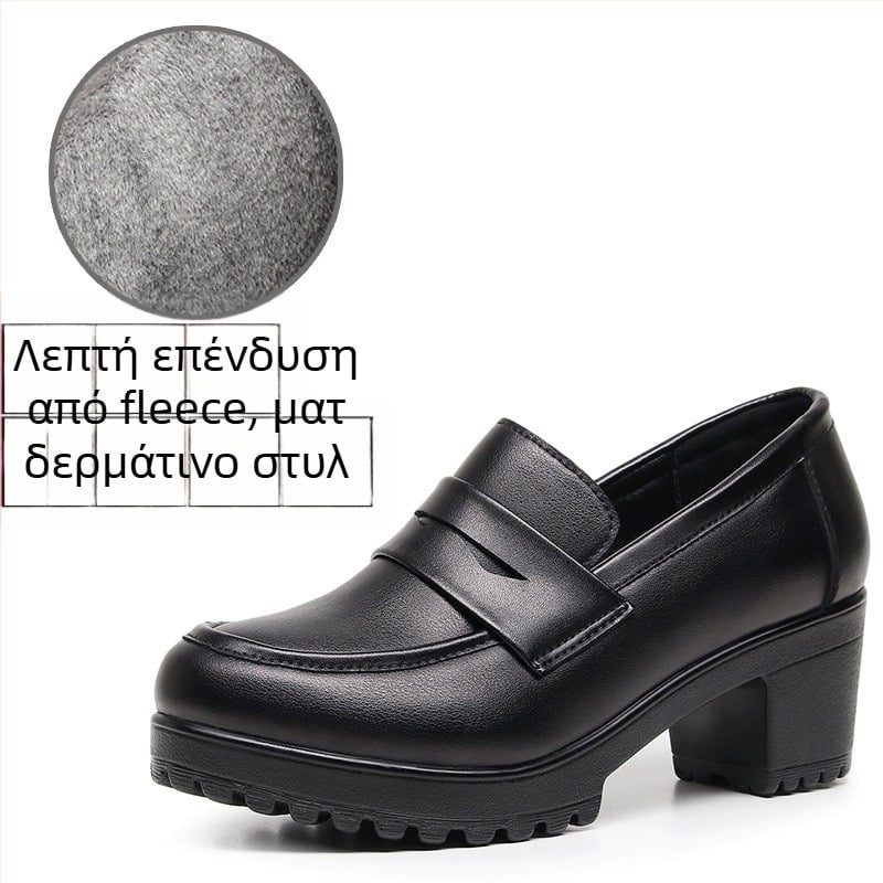 Γυναικείοι ματ λοφέρς, μαύρα, slip-on, με πλατφόρμα 6–8 cm, στυλ βρετανικό, στρογγυλή μύτη