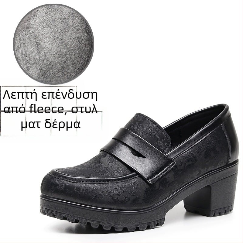 Γυναικείοι ματ λοφέρς, μαύρα, slip-on, με πλατφόρμα 6–8 cm, στυλ βρετανικό, στρογγυλή μύτη
