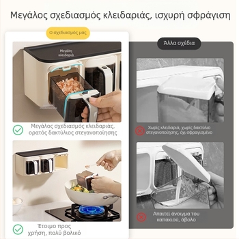 Τοίχο-κρεμάμενο σετ καρυκευμάτων με σχεδιασμό Nordic για την κουζίνα, με μπουκαλάκια και βάζα για αλάτι και MSG