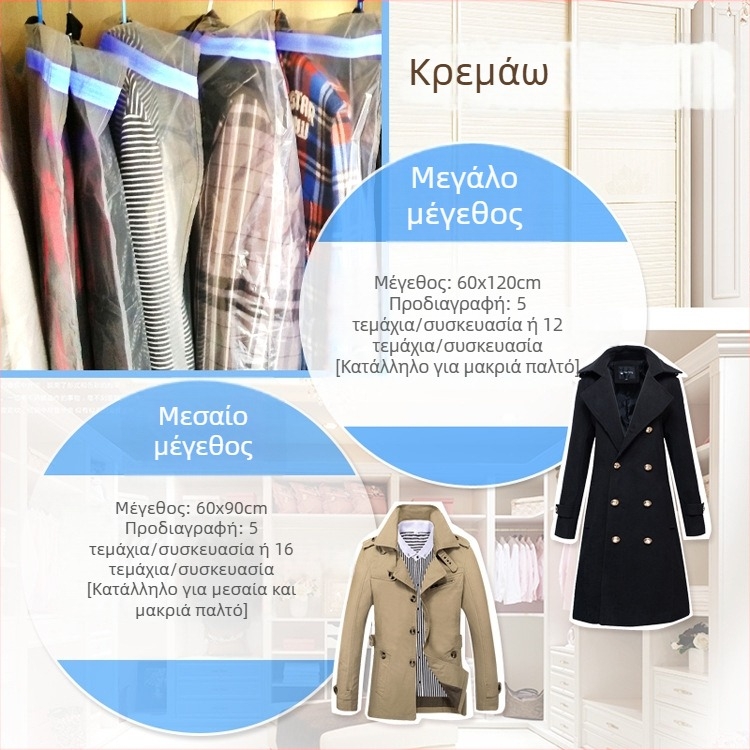 Πλενόμενο κάλυμμα προστασίας ρούχων για κρεμάστρα, ανθεκτικό στην υγρασία, HDPE, διαστάσεις 60x90 cm ή 60x120 cm.