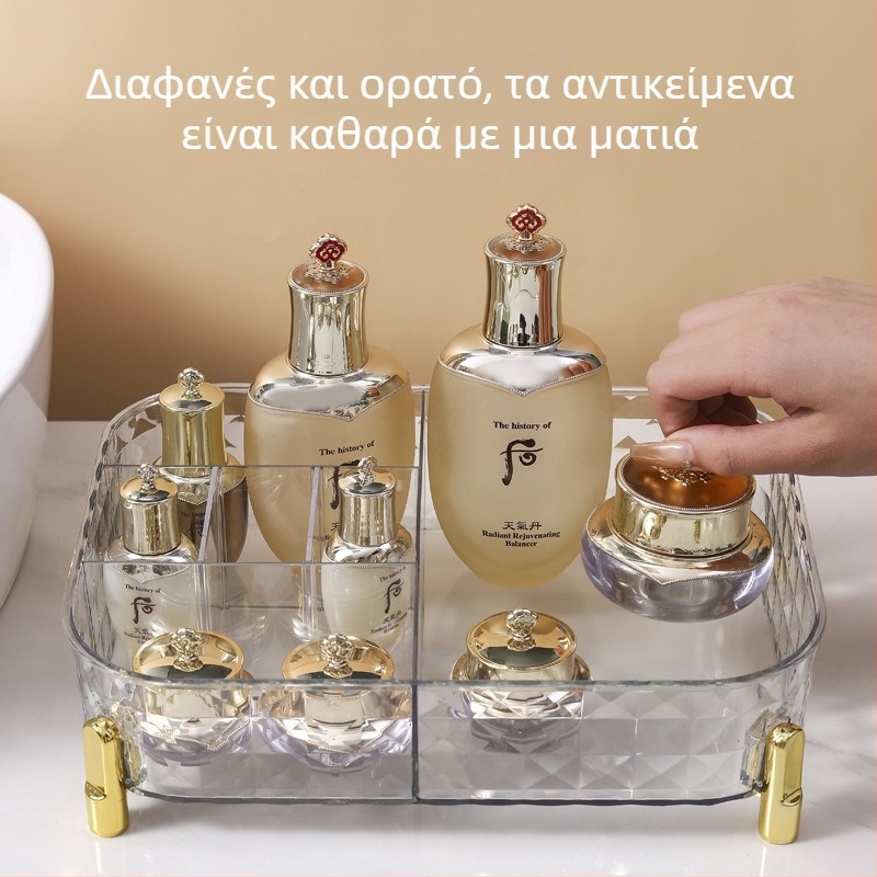 Ακρυλικός οργανωτής μακιγιάζ για γραφείο, ελαφρύς πολυτελής σχεδιασμός, διαφανείς διαμερίσματα για καλλυντικά και φροντίδα δέρματος