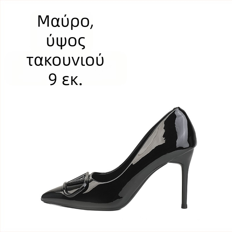 Γυμνοχρωμα γόβες γυναικείες από πατεντωμένο δέρμα – 2025 νέο μοντέλο, V αγκράφα, μυτερό δάχτυλο, στιλέτο, ρηχό vamp